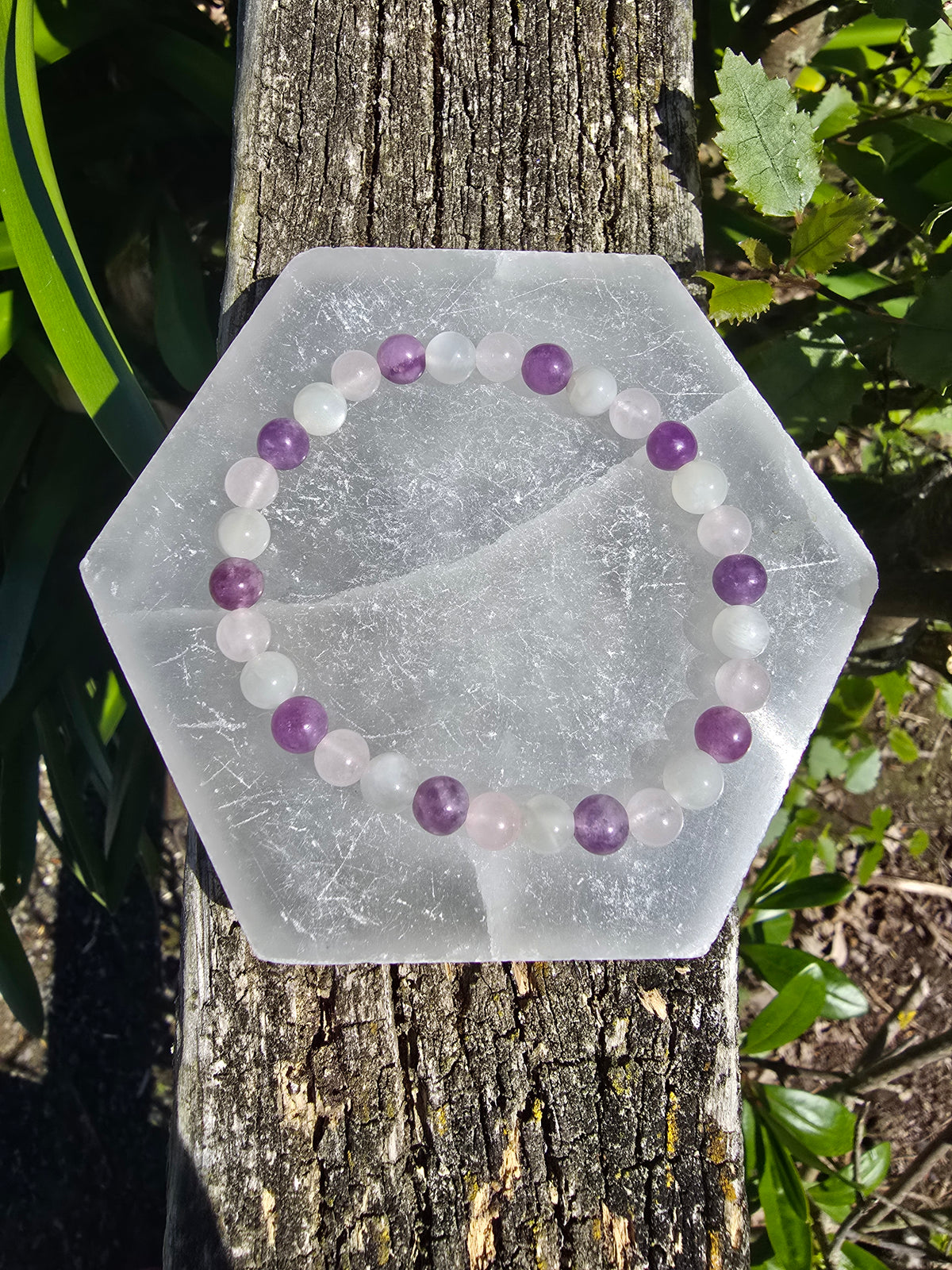Lepidolite, Rose Quartz & Moonstone | Round Bead Bracelet 6 mm