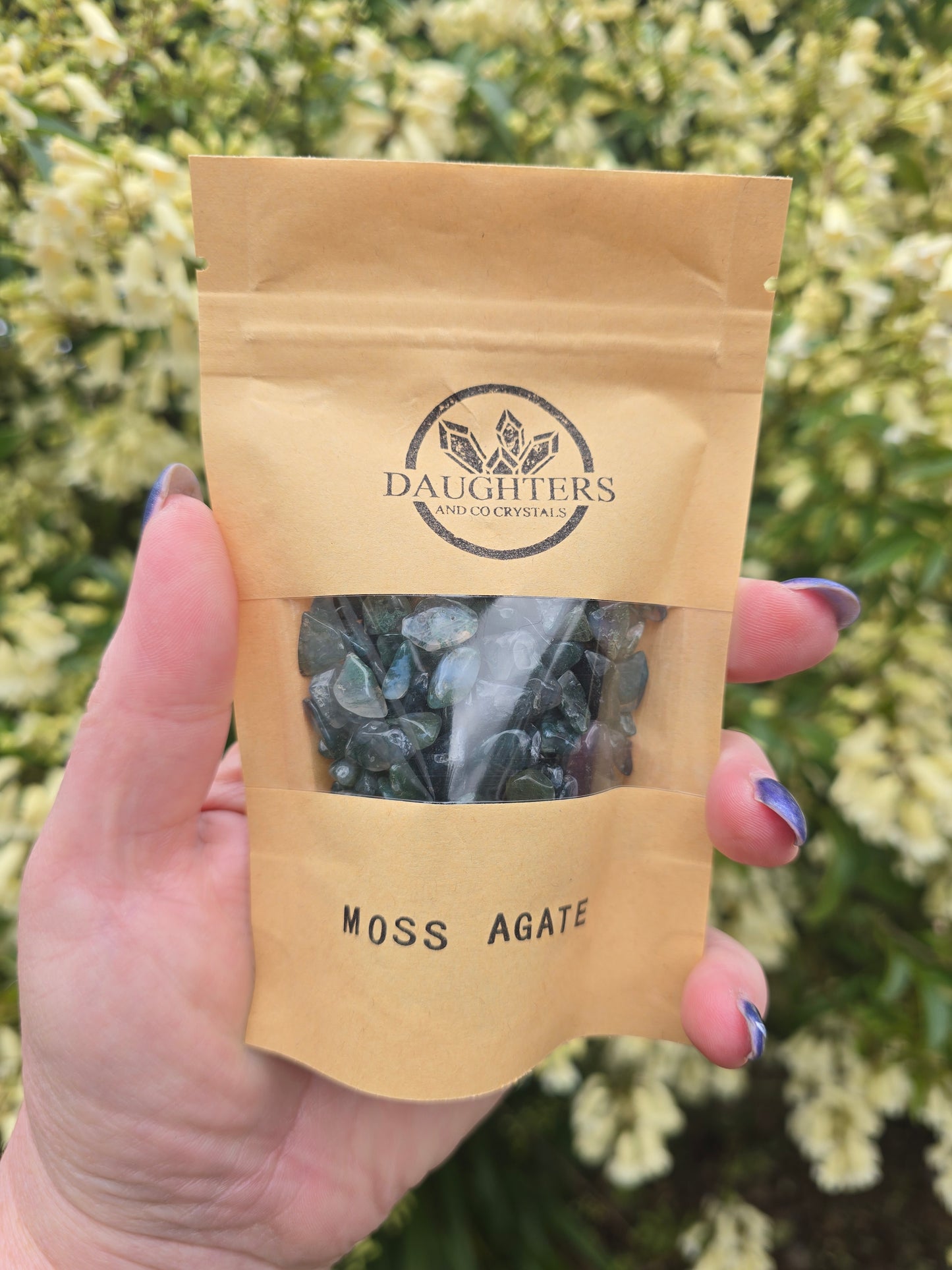 Moss Agate Crystal Chip 100 gms Bag