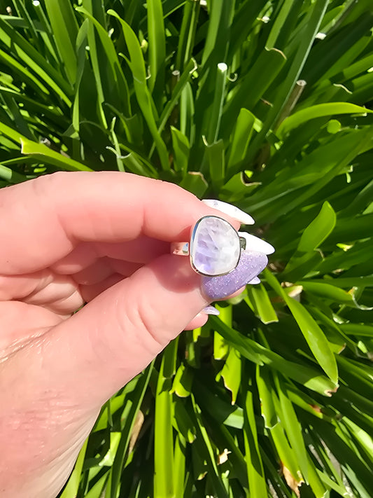 Rainbow Moonstone | Rose Cut Sterling SIlver Adjustable Ring C