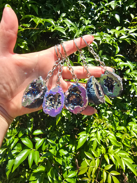 Rainbow Titanium Geode Keyring