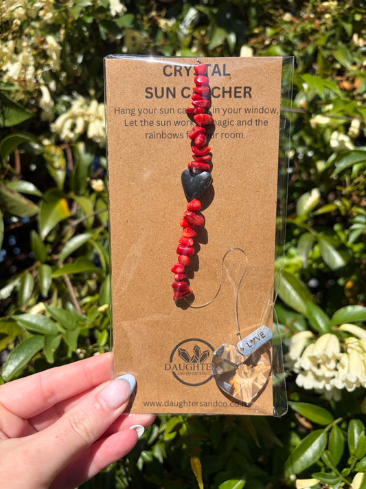 Red Coral & Hematite | Heart Sun Catcher