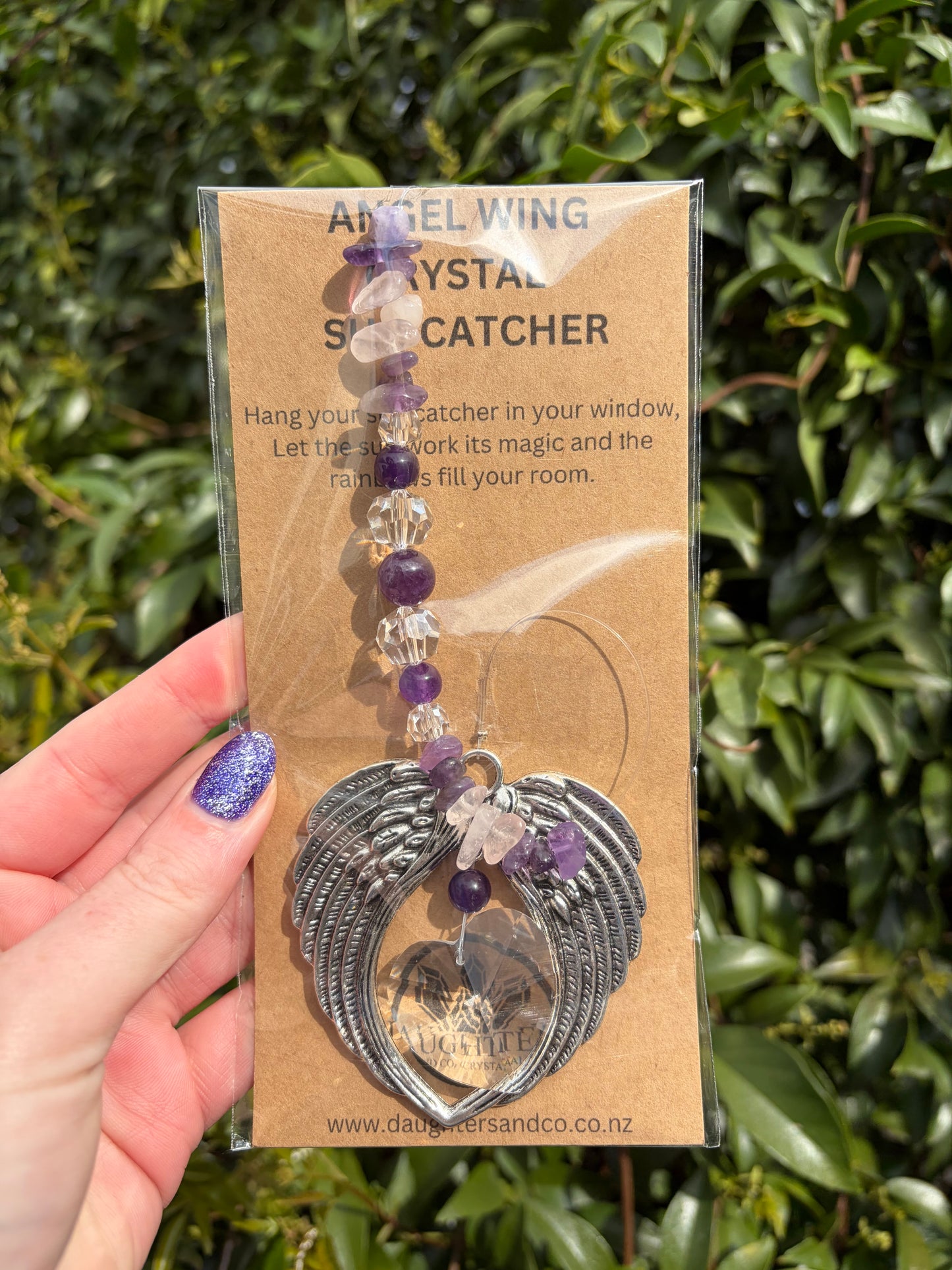 Amethyst & Rose Quartz | Angel Wing Heart Sun Catcher B