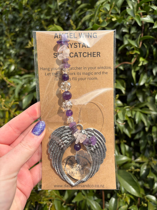 Amethyst & Rose Quartz | Angel Wing Heart Sun Catcher B