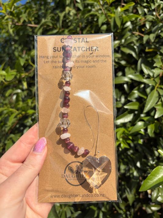Burgundy Cats Eye & Rose Quartz | Heart Sun Catcher
