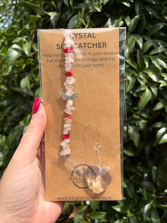 Rose Quartz & Red Coral | Heart Sun Catcher