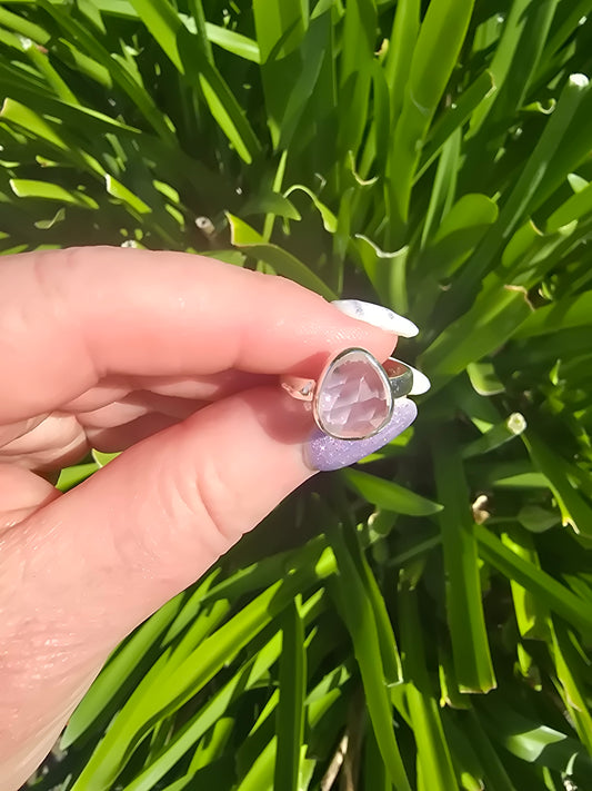 Rose Quartz | Rose Cut Sterling Silver Adjustable Ring B