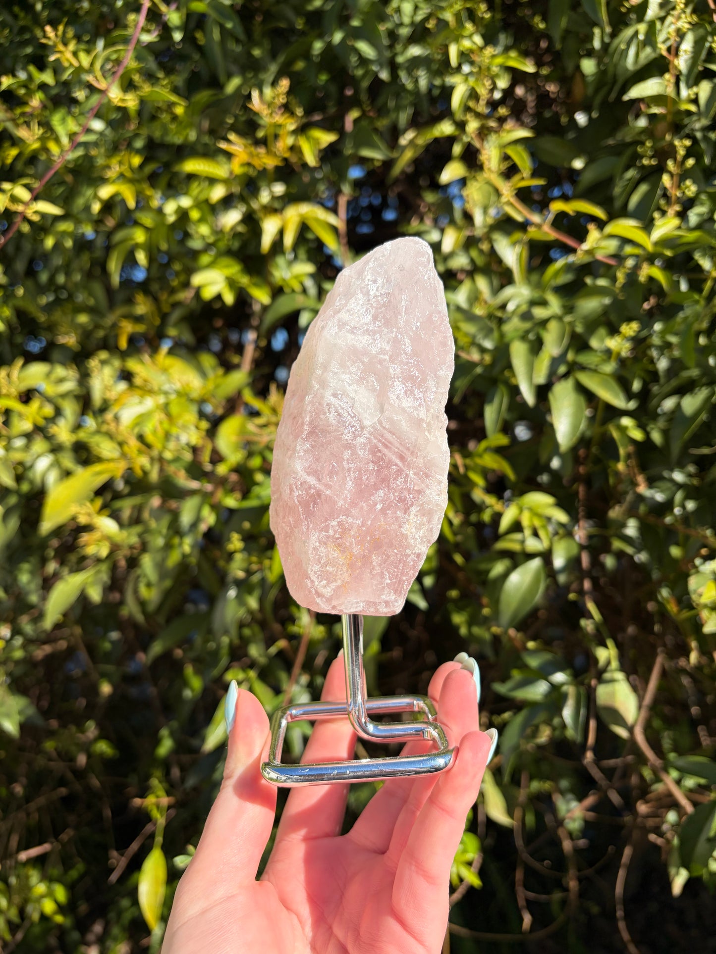 Rose Quartz Rough Piece On Metal Stand A