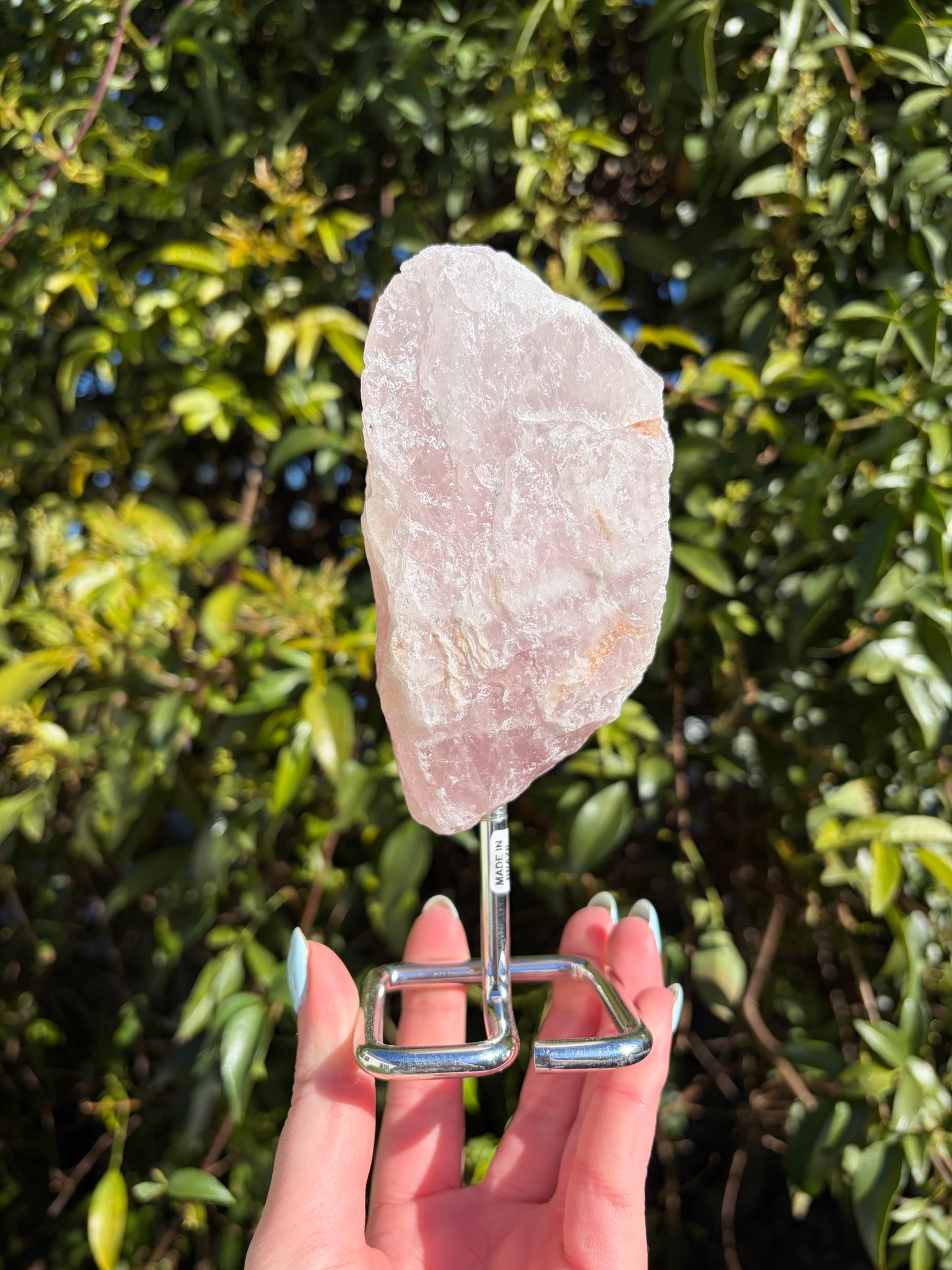 Rose Quartz Rough Piece On Metal Stand A