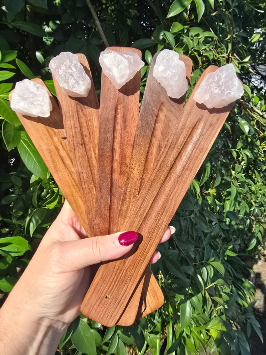 Rose Quartz Rough | Wooden Incense Holder