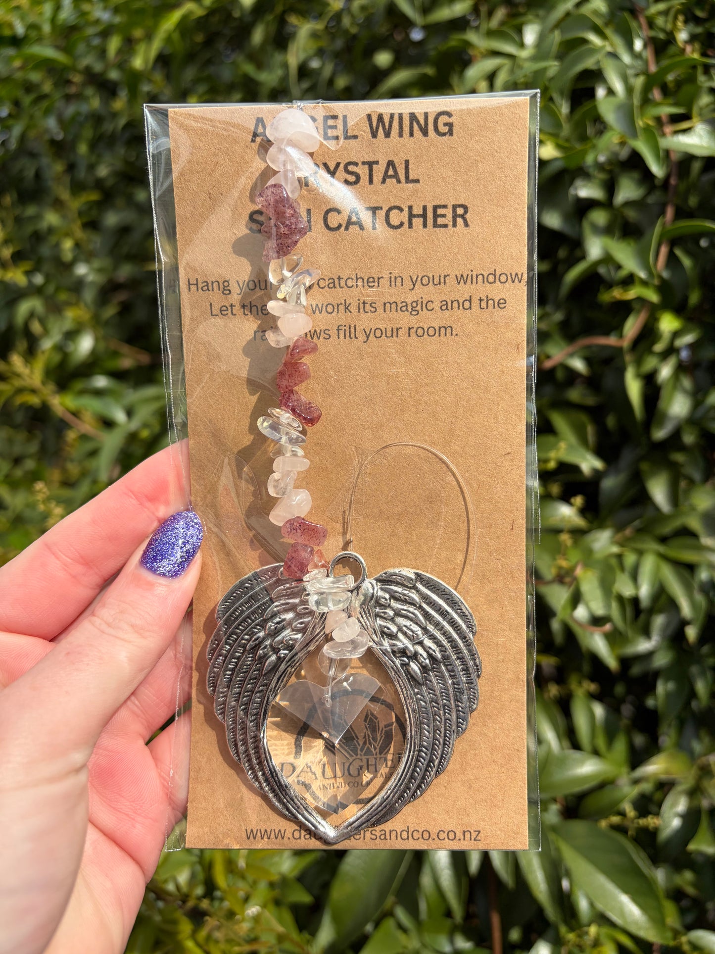 Rose Quartz, Strawberry Quartz & Clear Quartz | Angel Wing Heart Sun Catcher