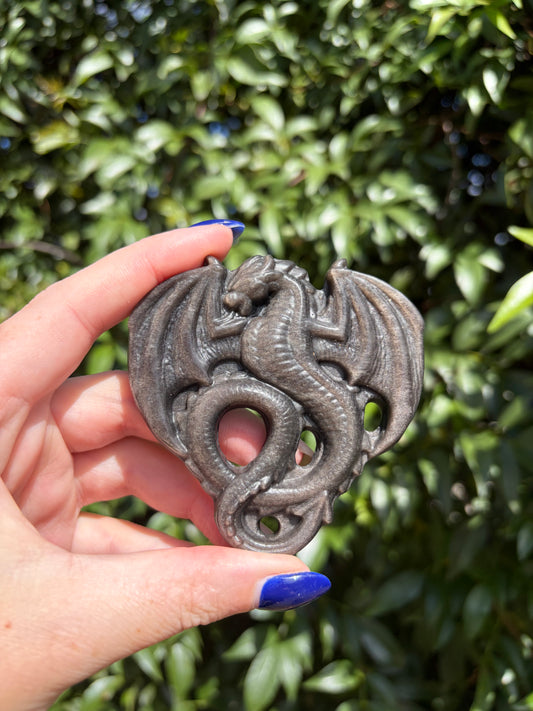 Silver Sheen Obsidian Dragon Carving