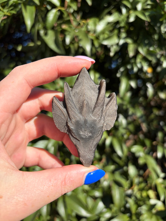 Silver Sheen Obsidian Dragon Carving