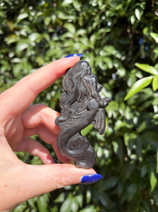 Silver Sheen Obsidian Mermaid Carving