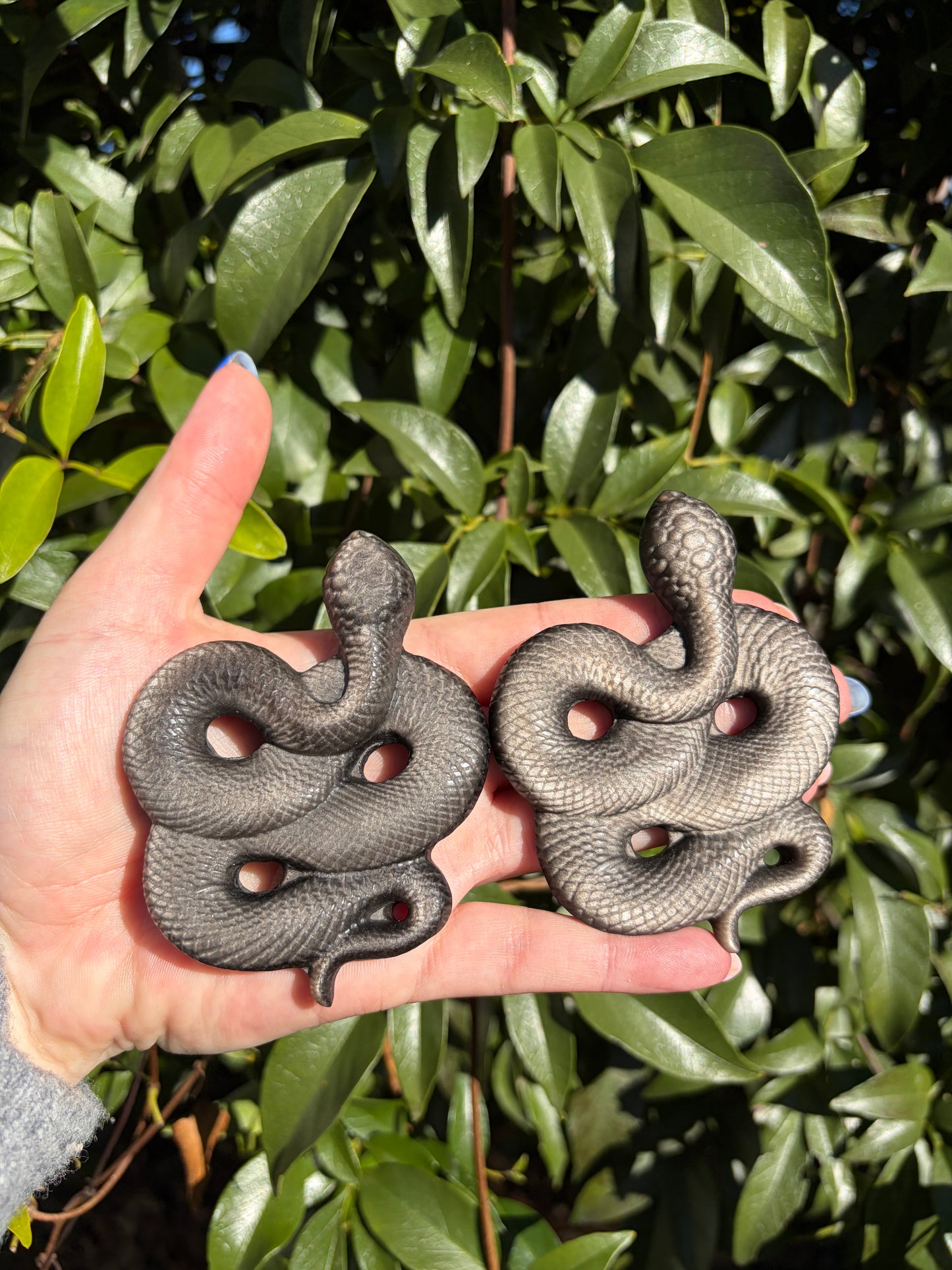 Silver Sheen Obsidian Snake Carving