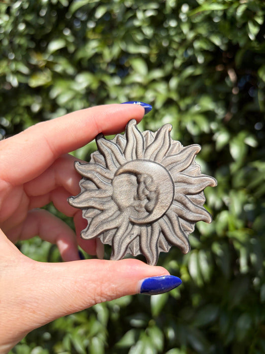 Silver Sheen Obsidian Sun Moon Carving A