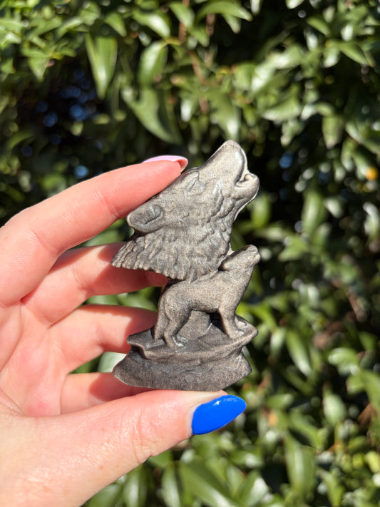 Silver Sheen Obsidian Wolf Carving