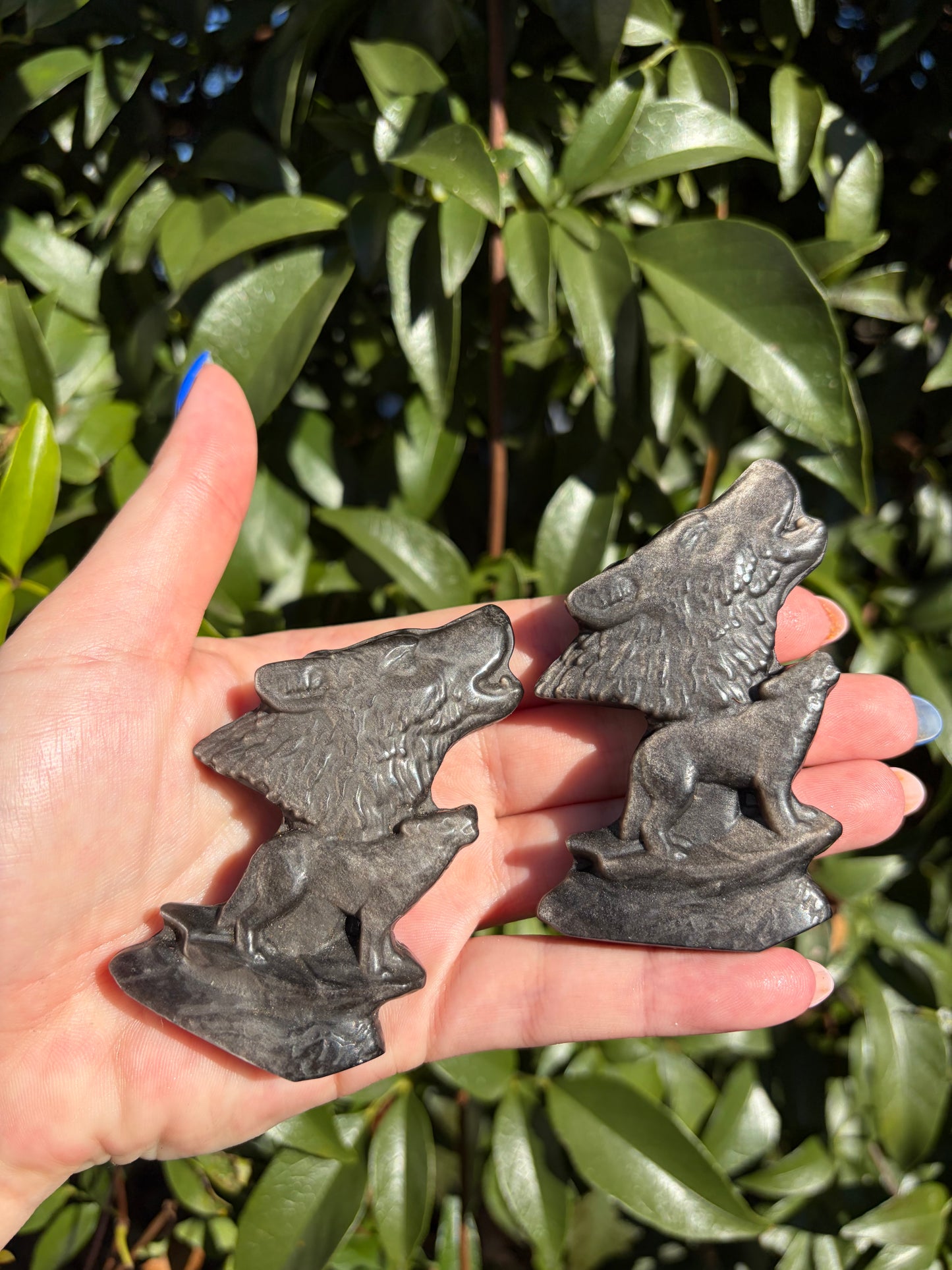 Silver Sheen Obsidian Wolf Carving