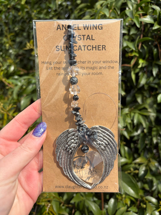 Snowflake Obsidian | Angel Wing Heart Sun Catcher