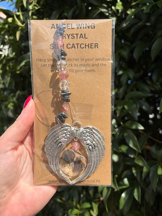 Hematite & Strawberry Quartz | Angel Wing Heart Sun Catcher