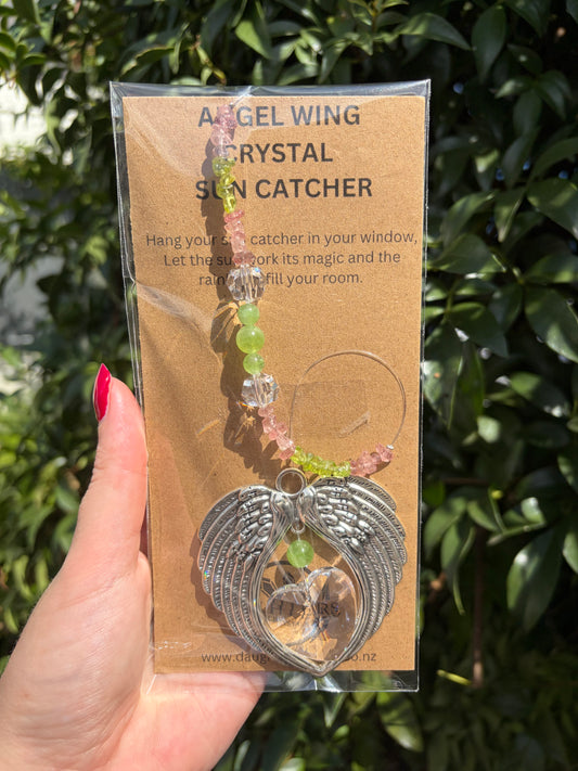 Strawberry Quartz & Peridot | Angel Wing Heart Sun Catcher