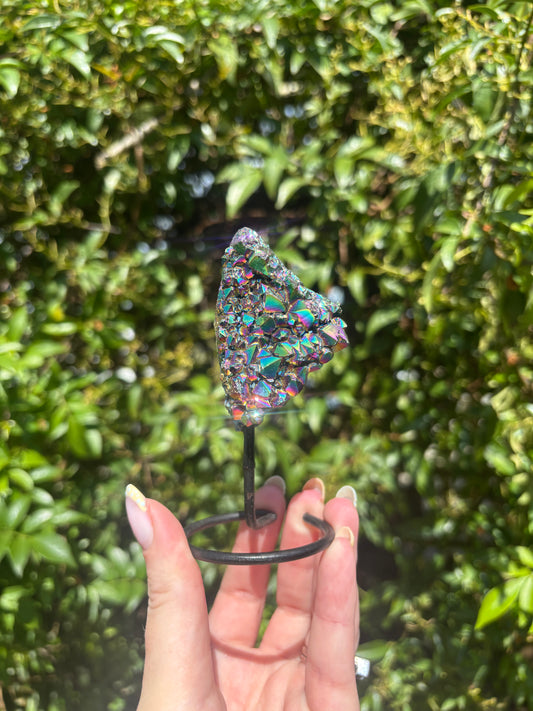 Titanium Aura Quartz Cluster On Metal Stand A