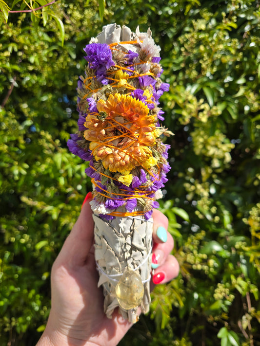 White Sage Smudge Stick Large 9inch | Citrine For Good Fortune, Abundance & Prosperity