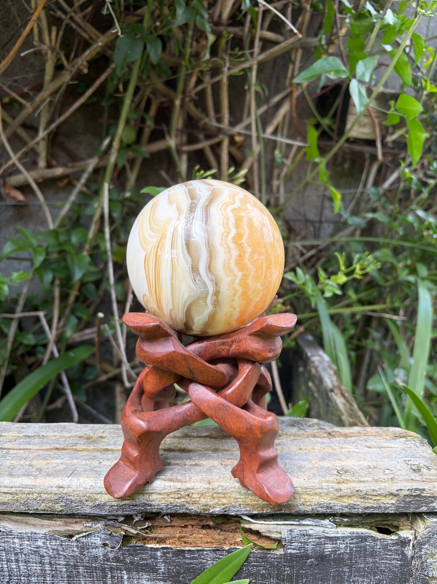 Zebra Calcite Large Sphere With Rosewood Wooden Stand