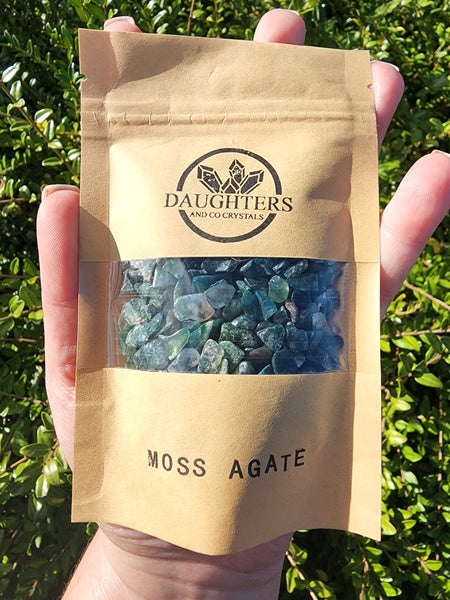 Moss Agate Crystal Chip 100gms Bag