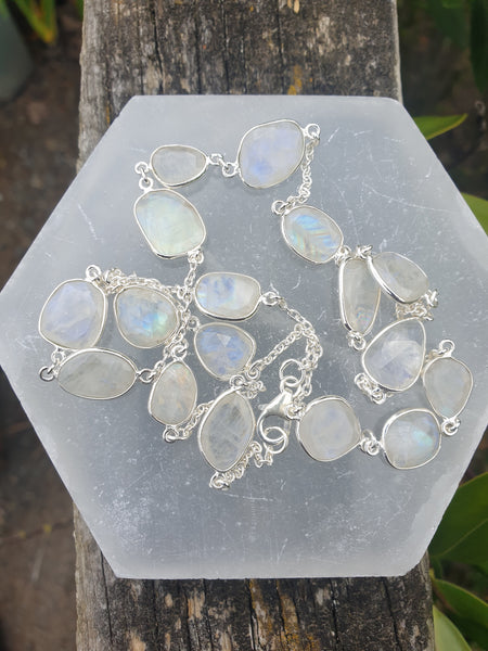 Rainbow Moonstone | Rose Cut Sterling Silver Necklace 60 cm