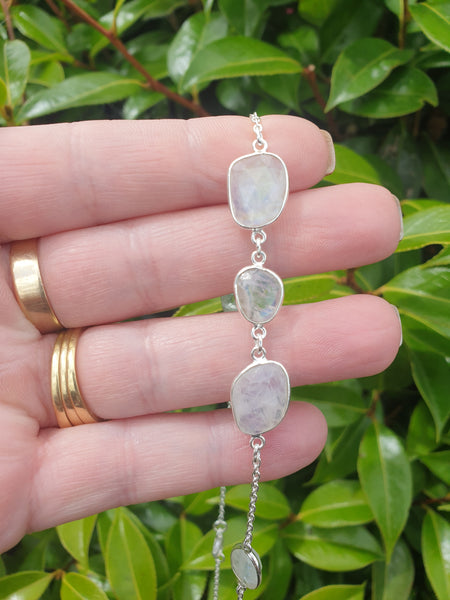 Rainbow Moonstone | Rose Cut Sterling Silver Necklace 60 cm