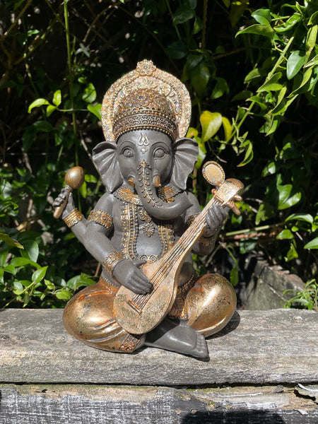 Ganesh with Lute Black & Gold